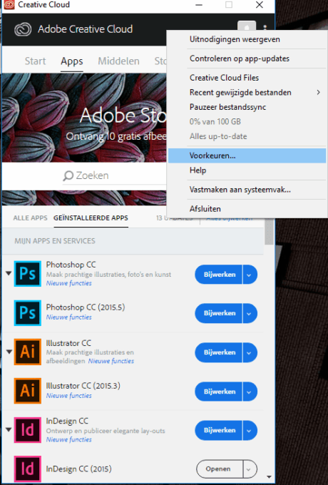 (Taal wijzigen van CC op Windows) Stap 2: Selecteer voorkeuren of preferences.