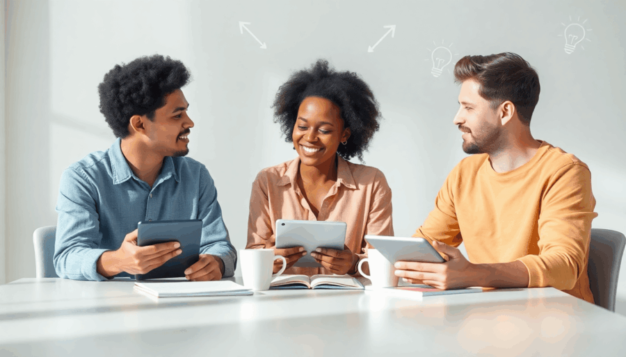 Drie mensen zitten aan een tafel met notitieboeken, tablets en koffiekopjes, betrokken in een gefocuste discussie met abstracte groeisymbolen die o...