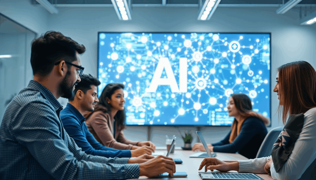 Een heldere, moderne werkruimte met ontwikkelaars die samenwerken rond een groot digitaal scherm waarop gloeiende AI- en codingsymbolen als onderli...