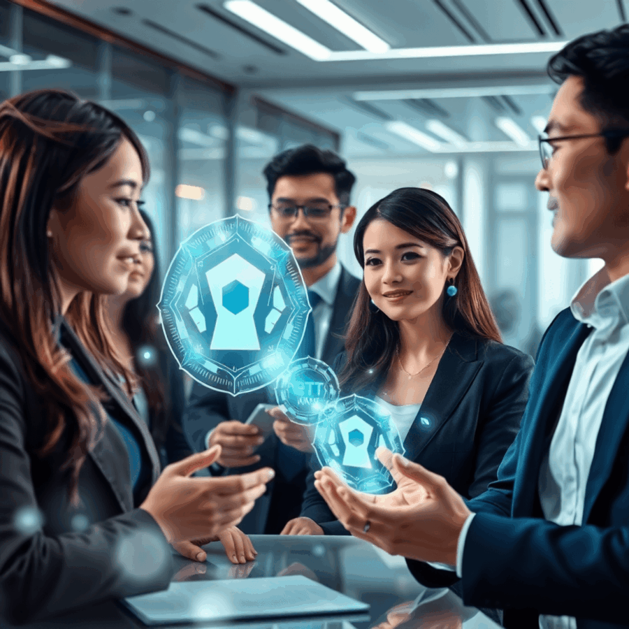 Futuristisch kantoor met professionals die samenwerken via holografische AI-assistenten en lichtpatronen, symbool voor geavanceerde technologie en ...